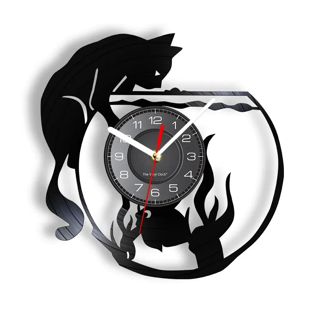 Cat Catching Fish Art Silent Quartz Wall Clock for Living Room Cat in Fish Bowl Vinyl Album Re-purposed Record Clock Retro Watch