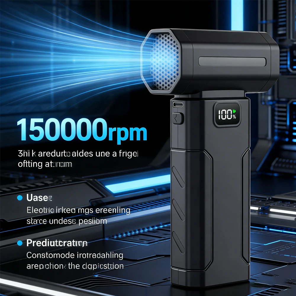 Ventilador Turbo X8 com Luz, 150.000 RPM, 5 Velocidades, Potente Soprador de Ar Elétrico, Aspirador de Poeira Mini, Ventilador Violento