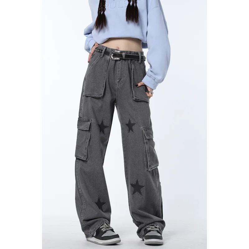 Vintage Grey High Waist Women Jeans Straight Baggy Denim Pants Stars American Fashion Streetwear Wide Leg Jean Female Trouser