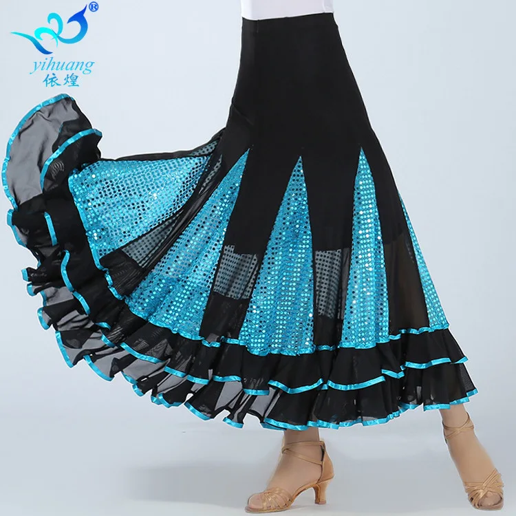

1 шт./лот, женская модная юбка для бальных танцев с пайетками и рюшами, женская модная юбка для вальса с цветовыми блоками