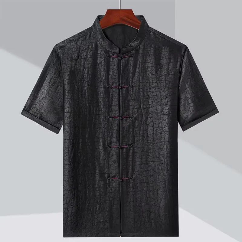 Gambiered Canton Gauze Tang Costume Shirts For Men Short Sleeve Summer High-Quality Real Silk 100% Frog Button Camisas De Hombre