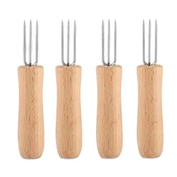 2/4 pcs Stainless Steel Corn Holders Wooden Outdoor Garden Picnic Cooking Tools Handle Cob Skewers BBQ Anti Scalding Fruit Forks