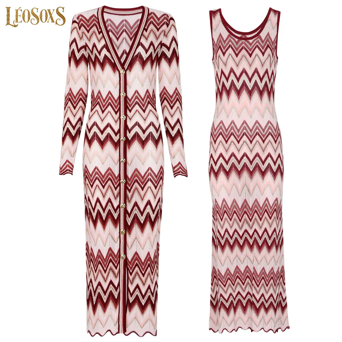 LEOSOXS High Quality Spring And Autumn New Women's Fashionable Wavy Long Sleeved V-Neck Top Cardigan Jacket+Sleeveless Dress Set