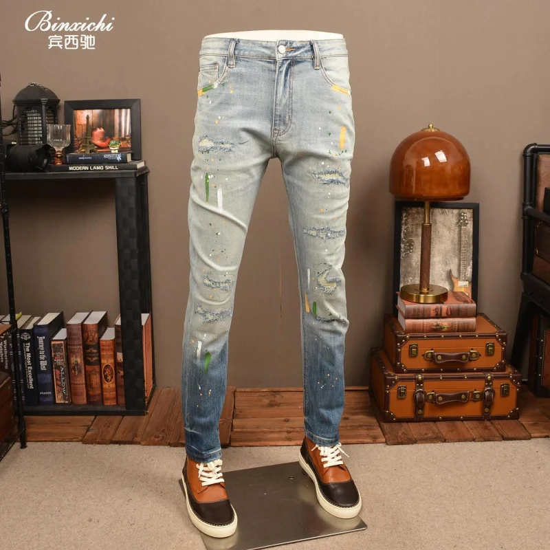 Men's Vintage Gradient Spray Painted Ripped Jeans Slim Fit Elastic Straight Leg Casual Denim Pants