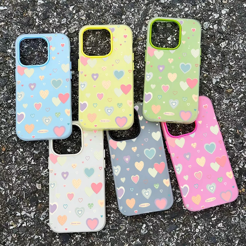 Cute Colorful Love Heart Design Phone Case For iPhone 11 12 13 14 15 16 17 Pro Max X XS XR 7 8 Plus Air 16e 17e Shockproof Cover