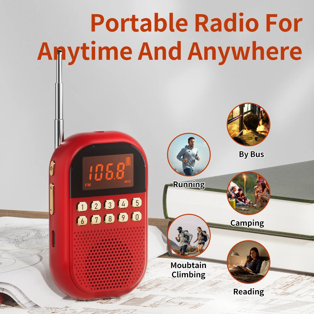 Mini Radio Pro: Soporte para tarjeta dual USB/SD - Sonido HD - Diseño portátil para exteriores - Busca de estación con un solo clic.rojo