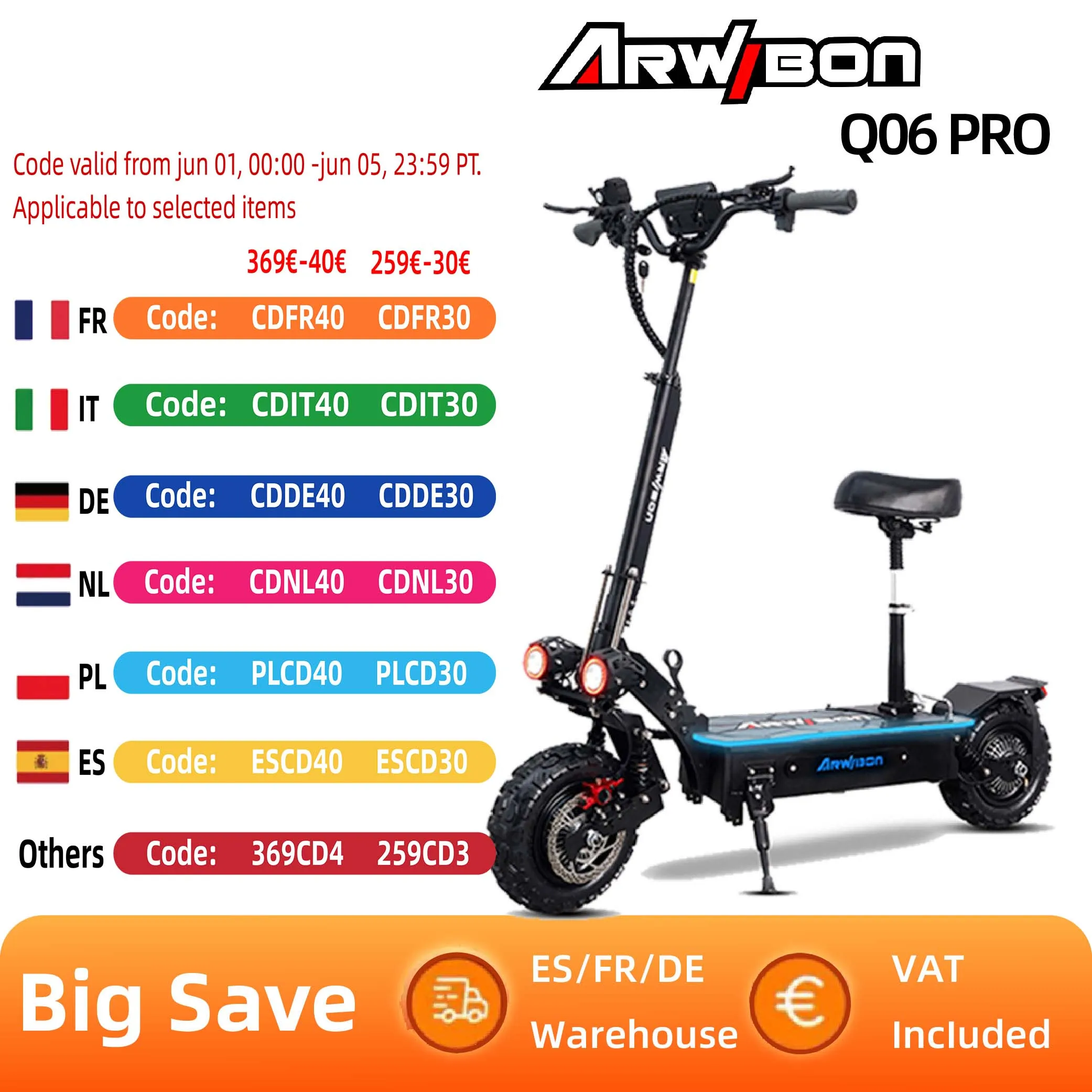 ARWIBON Q06 Pro Elektroroller 11 Zoll Reifen Offroad-Elektroroller 60 V 27 Ah 2800 W Dual