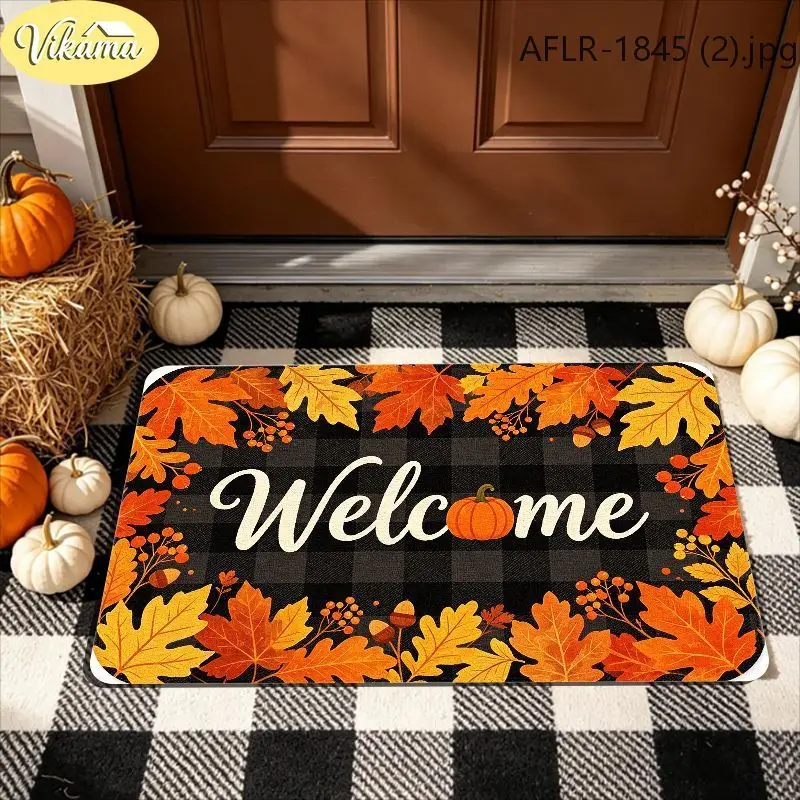 VIKAMA Fall Welcome Mat Black Buffalo Plaid Orange Maple Leaves Pumpkin Front Door Mat Non Slip Soft Rug Home Decor