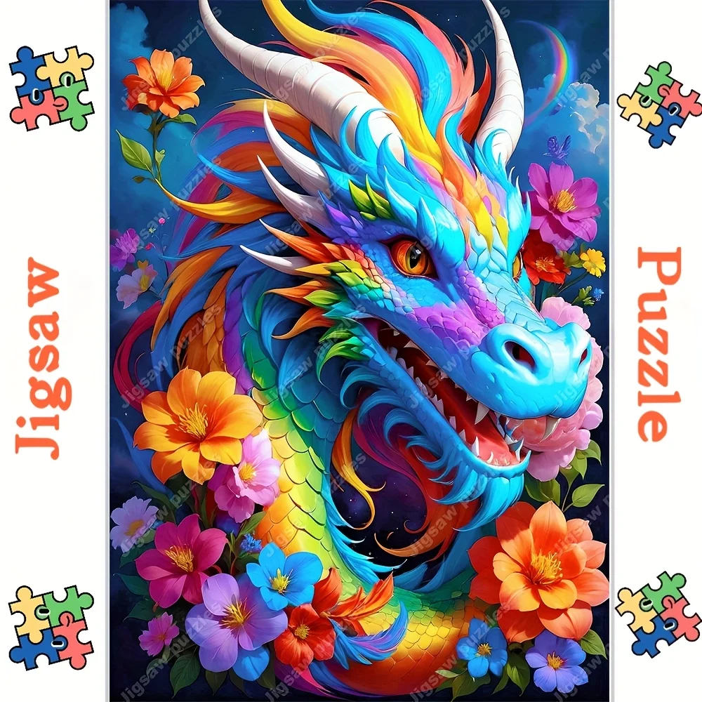 أحجية الصور المقطوعة 2000/1000/1314/520 قطعة - تصميم تنين نابض بالحياة والزهور، ورق عالي الجودة، ديكور فني مكعب محمول يمكنك صنعه بنفسك، Famil