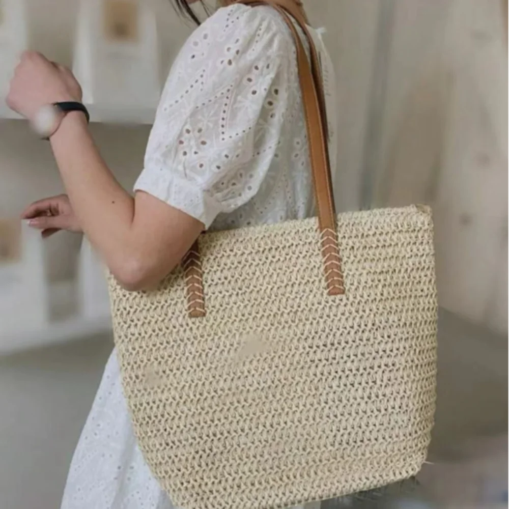 Summer Woven Shoulder Bag Women Beach Shoulder Bag Female Straw Knitted Handmade Large Capacity Handbag Purse Travel Tote Bags