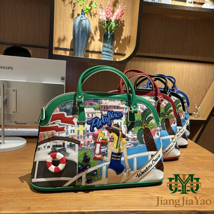 Adult's PU Bag Retro Italian Harbor Themed 3D Embroidered Handbag Women's Large Capacity Shell Bag Unisex Seaside Vacation Bag