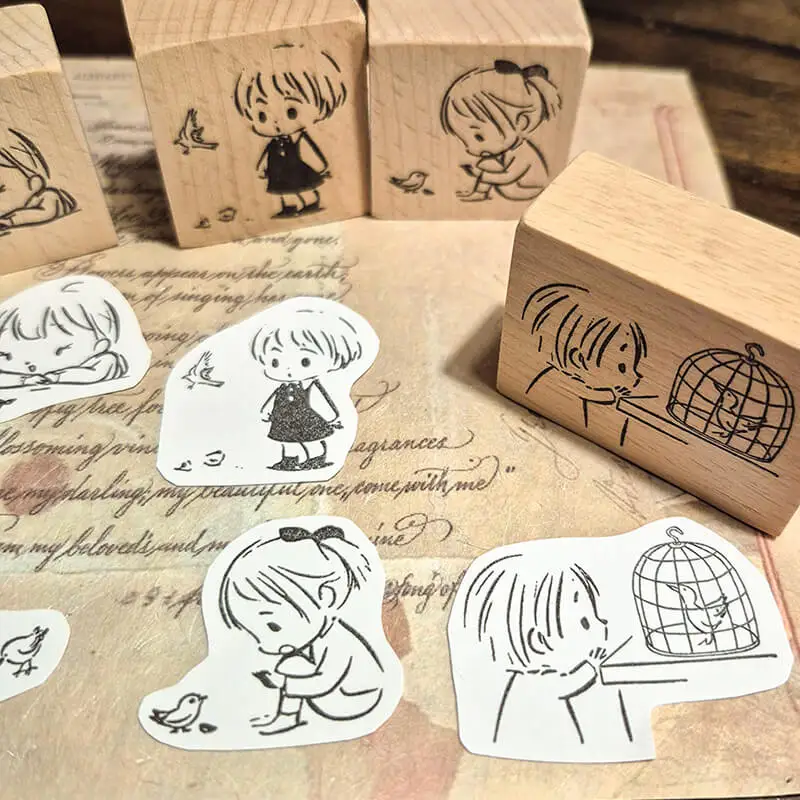 ختم سكرابوكينغ Kawaii فتاة وطيور قصة الطفولة الذاكرة مذكرات الديكور المجلات لطيف فتاة طوابع خشبية #4
