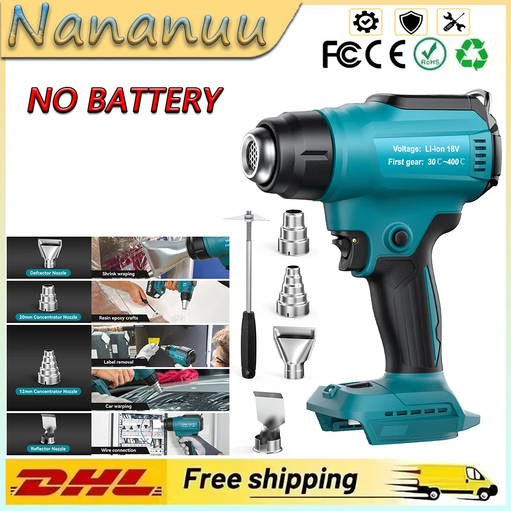 Nananuu CordlessHandheld Wireless Heizpistole Max 350 W 122F-990F Heißluftpistole 4 Düsen zum Basteln Schrumpfen für Makita 18 V Batterie