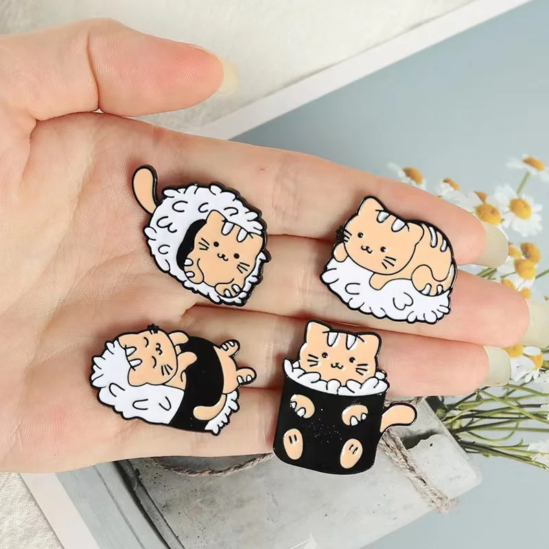 Cat Sushi Rice Ball Enamel Pins Custom Cute Animals Japanese Foods Brooch Lapel Badge Cartoon Jewelry Gift for Friends Wholesale image 5