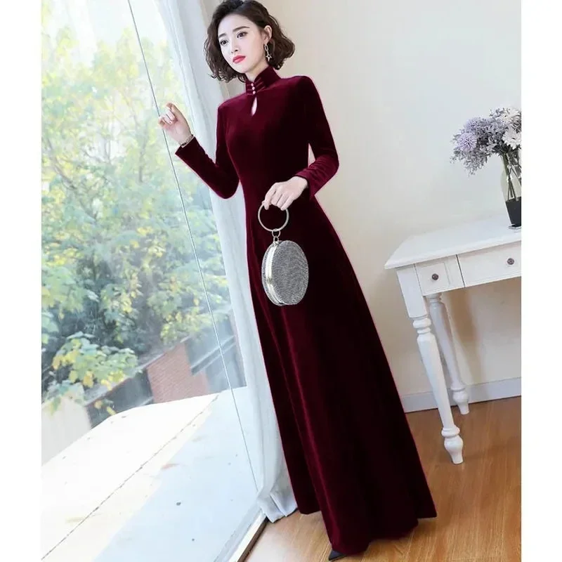 Noble And Elegant Golden Velvet Dress Women's Spring Autumn Long Sleeved Long Dresses Female Temperament Cheongsam Evening Dress