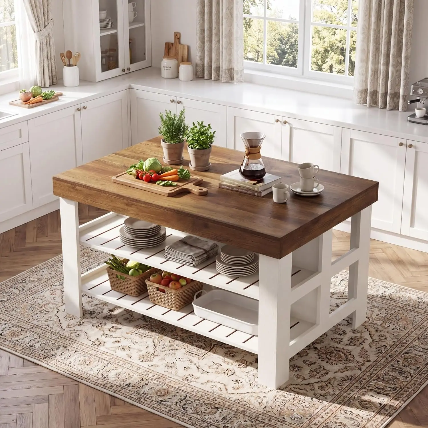 55-Inch Farmhouse Kitchen Island with Seating and Storage, 3-Tier Large Wooden Stationary Island Table with Open Shelves