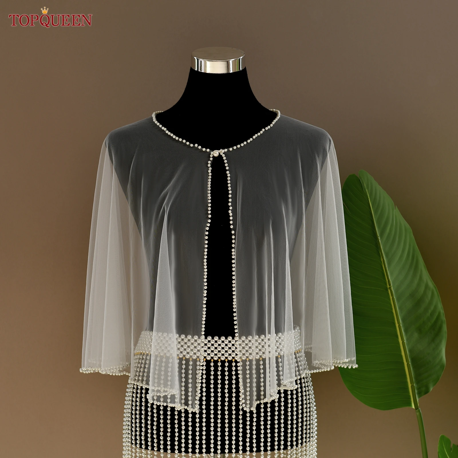 TOPQUEEN New Summer Pearl Tulle Cropped Top Bridal Dress Accessories Shawl Cardigan Pearl Button Top Shirt Vg119 Customizable