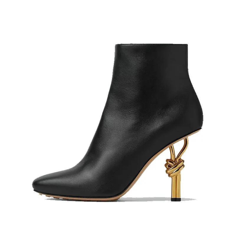 

Новые простые универсальные короткие ботинки Strange Heel Knot The Rope, брендовые подиумные стильные черные, коричневые женские ботильоны на высоком каблуке, размеры 34–43