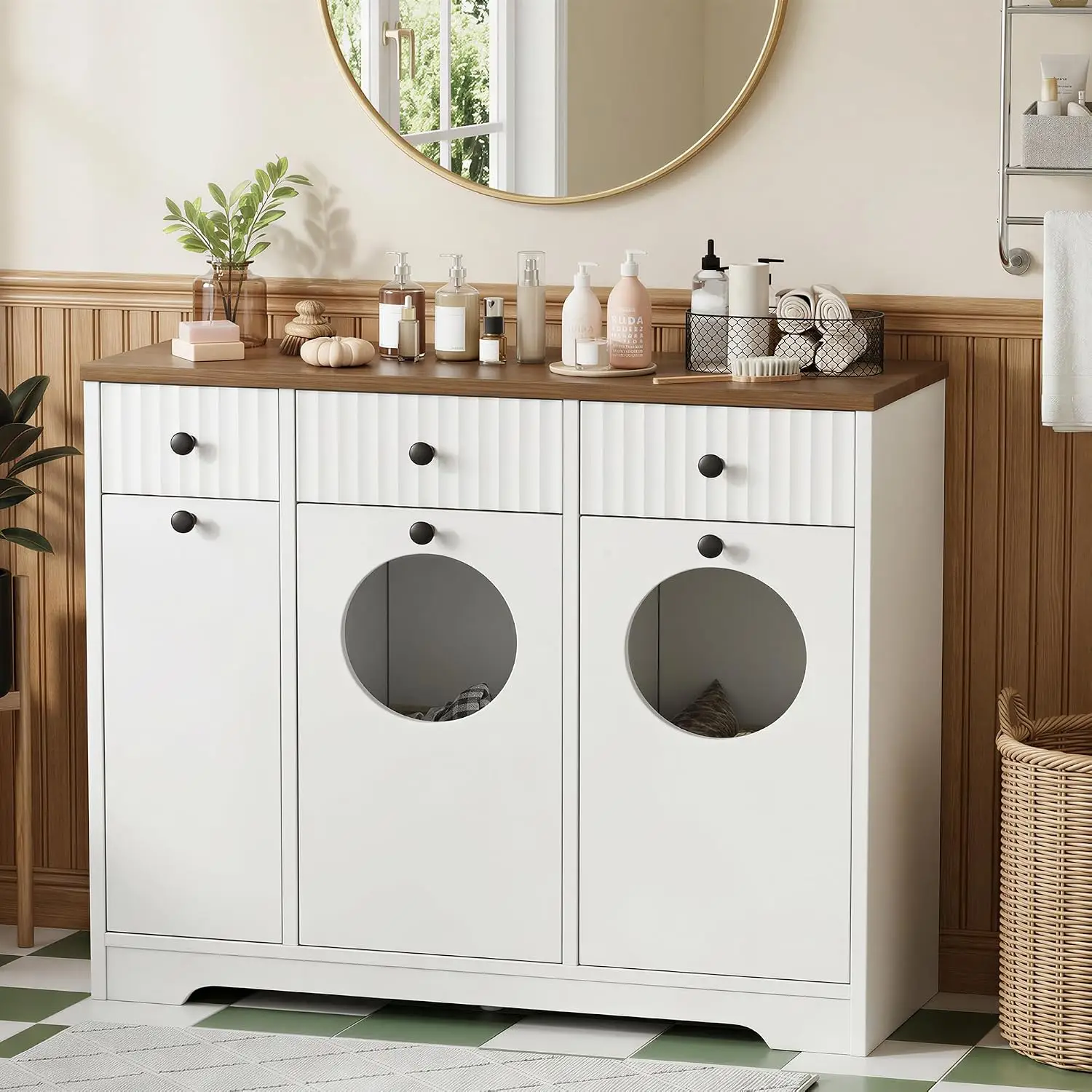 Double Laundry Hamper Cabinet with Slide Out Storage Cabinet, Customized