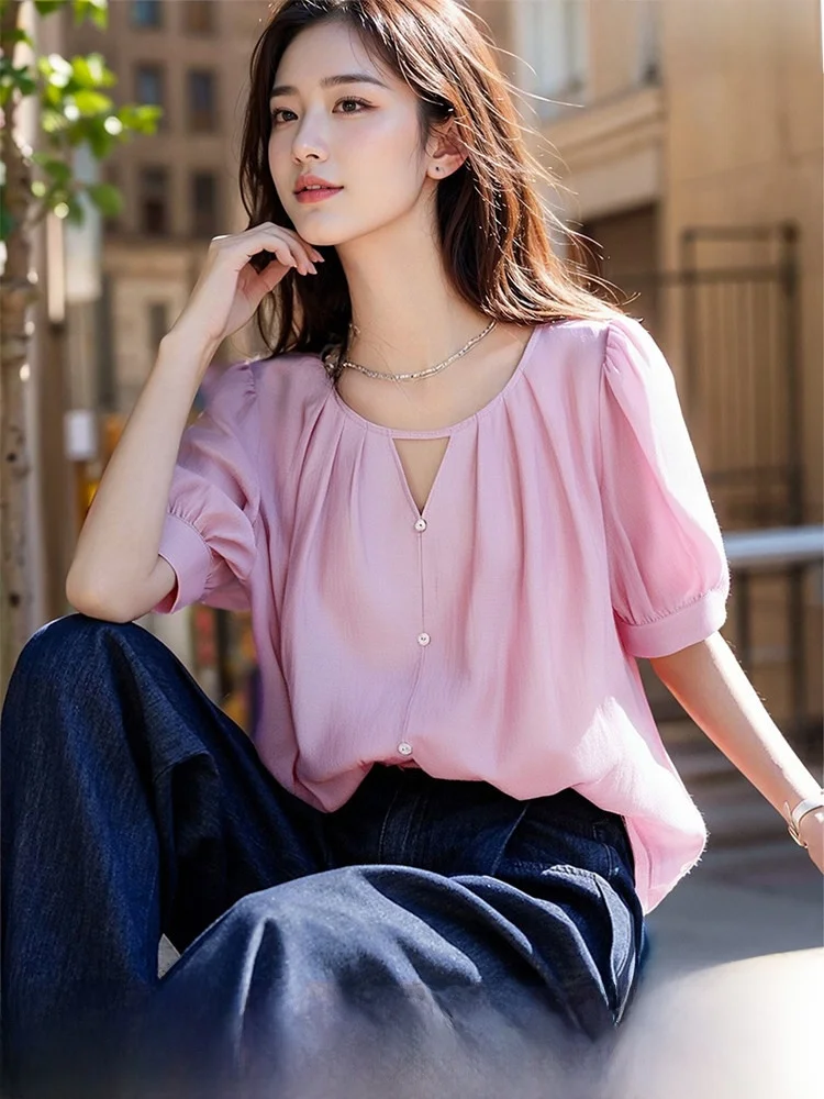 

Розовая женская рубашка свободного кроя с коротким рукавом во французском стиле, дышащая, повседневная, с эффектом похудения, прямого кроя, с вырезами