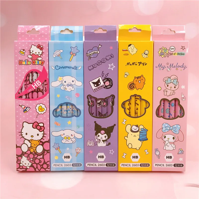 12Pcs Sanrio Pencil Cute Hello Kitty Kuromi Cinnamoroll My Melody Student Stationery School Supplies Student Prize Pencil Gifts