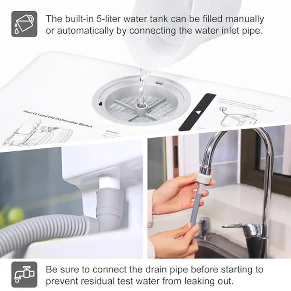 غسالة أطباق محمولة مدمجة مع 5 أوضاع للغسيل، تحكم بلوحة لمس LED وخزان مياه بأذرع رش مزدوجة