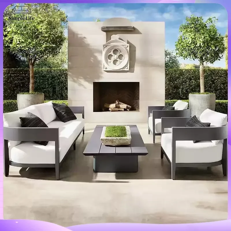 Nordic Style Outdoor Sofa Set for Garden Patio Balcony Courtyard Teak Wood Aluminum Alloy Furniture Weatherproof Leisure Sofa