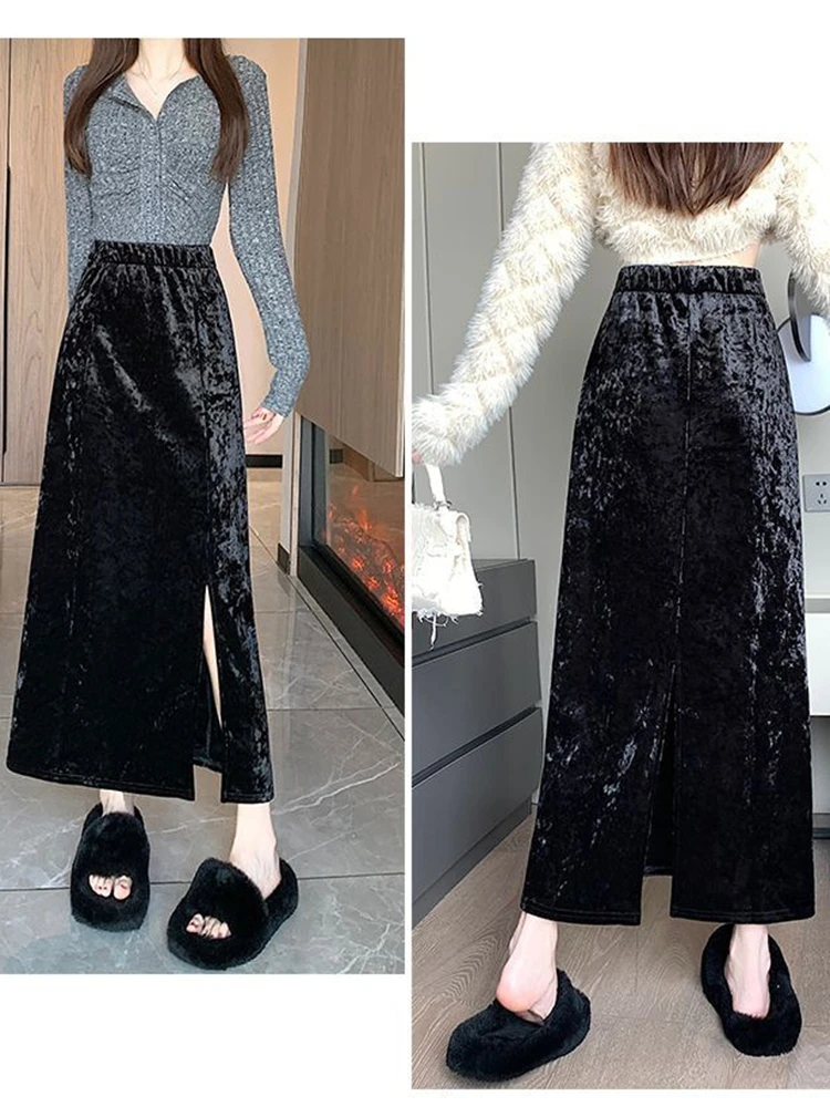 Streetwear Fluwelen Zwarte Lange Rokken Vrouwen Casual Winter Hoge Taille Faldas Largas Koreaanse Y2k Kleding Slanke Dames Mid Lengte Rok