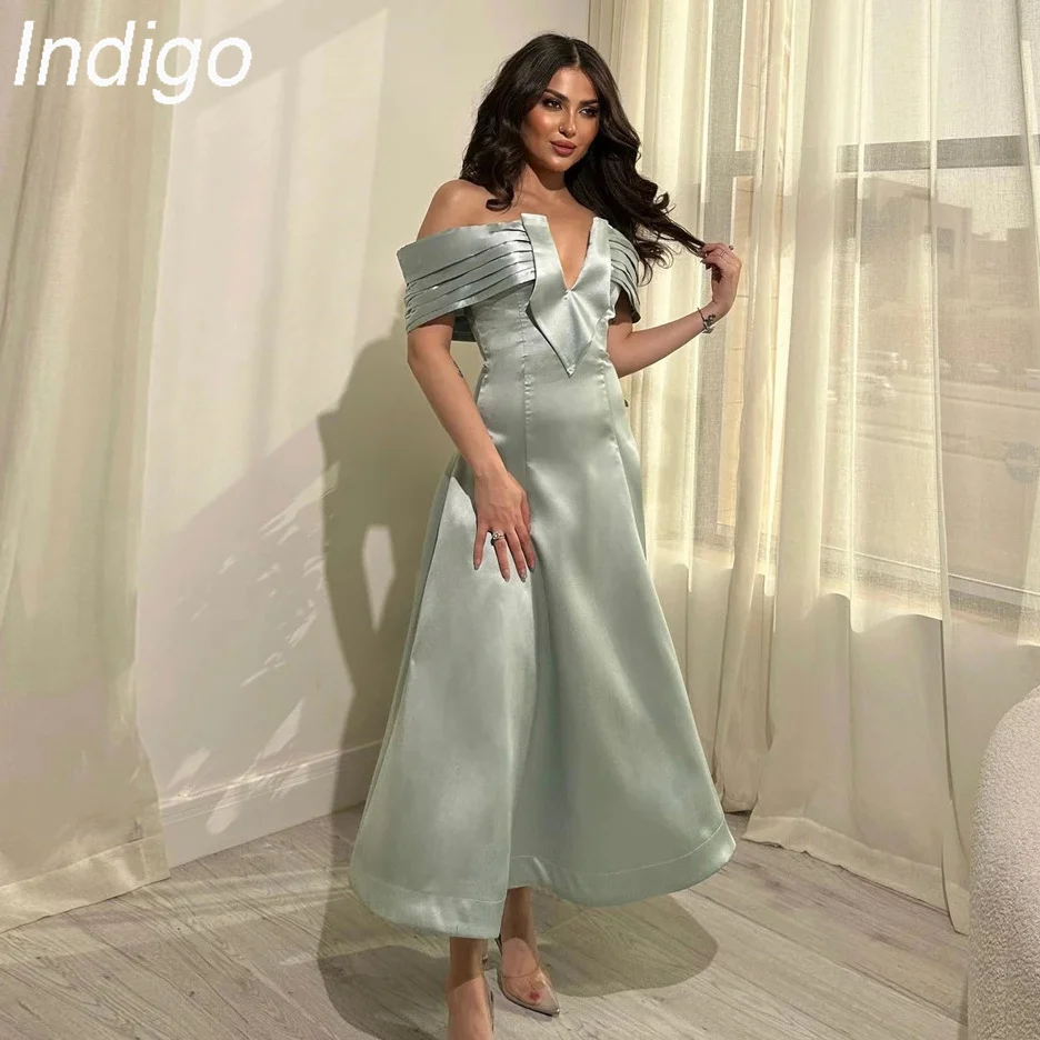 

Indigo Satin Evening Dresses Off ShoulderAnkle-Length Saudi Arabia Formal Dress For Women 2024 vestidos de gala فساتين السهرة