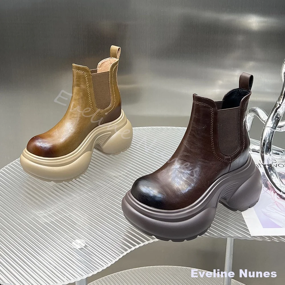 

Женские ботинки челси на платформе с увеличением роста, новые, с круглым носком, из натуральной кожи, без застежек, на щиколотку, 2026, ретро-стиль, однотонные