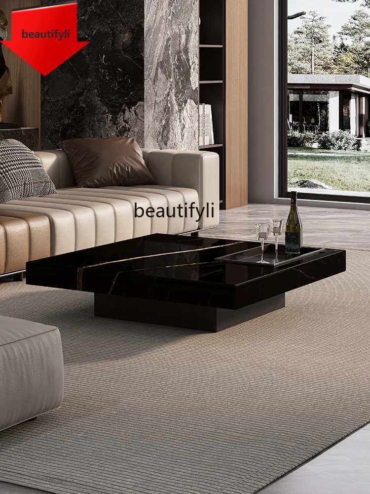 

07 Black Gold Marble Coffee Table for Home Use, Small Apartment, Light Luxury, High-End Feel, Square Luxury Stone Coffee Table