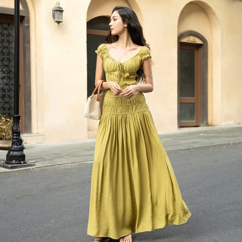 

2025 summer fashion new style sexy V-neck pleated sleeve slim texture wrinkled fresh style dress club clothing Vestidos