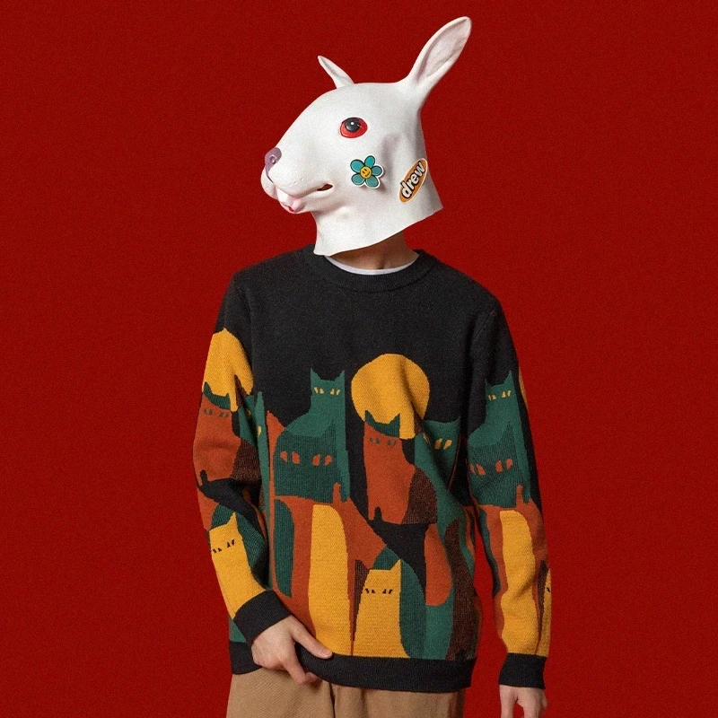 Japanese Harajuku Knitted Sweater Men Women Cartoon Full Cat Print Pullover Vintage Causal Loose Sweaters Streetwear Autumn