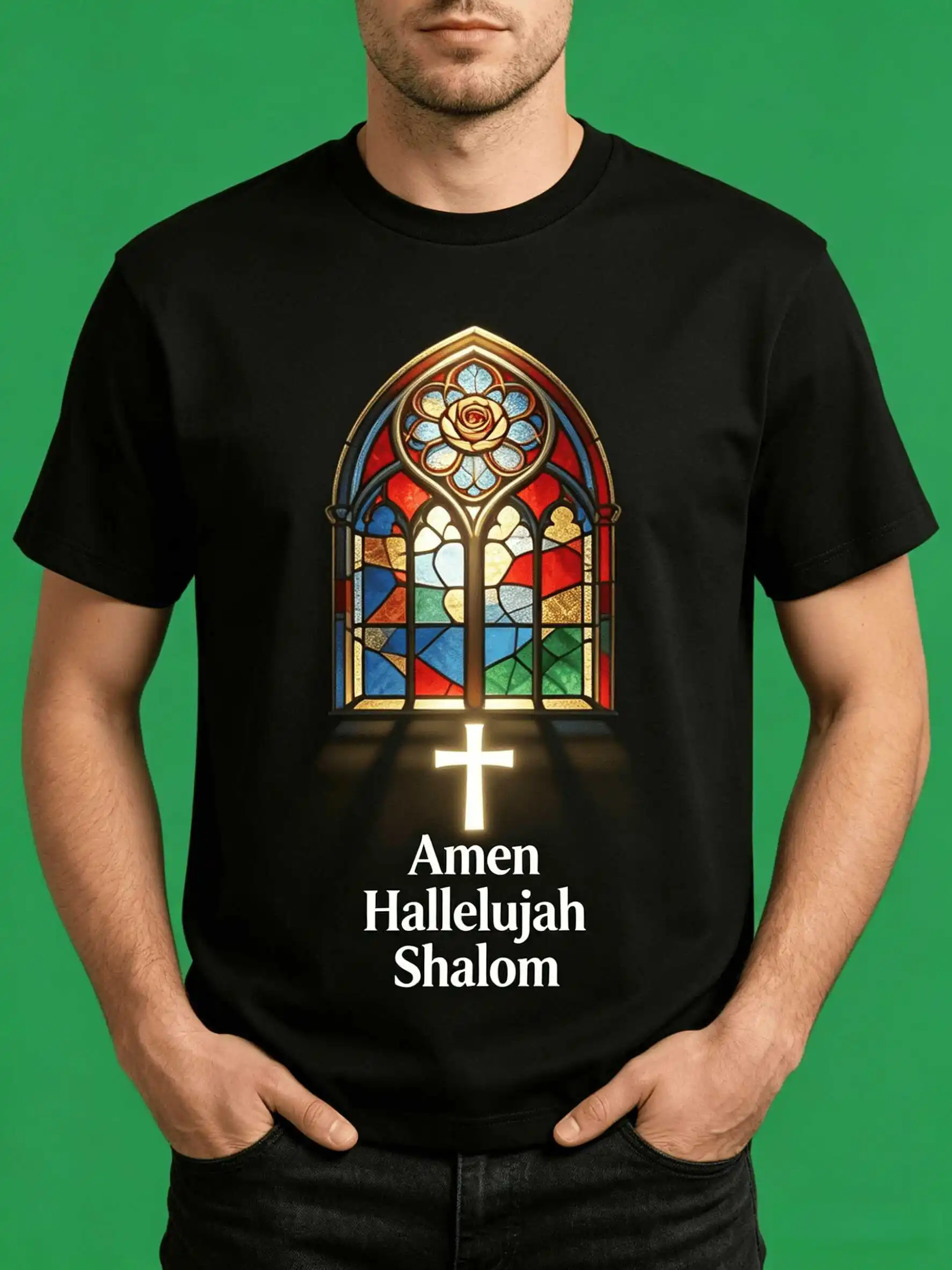 2026 New Stained Glass Cross T-Shirt Amen Hallelujah Shalom US Local Shipping Faith Tee