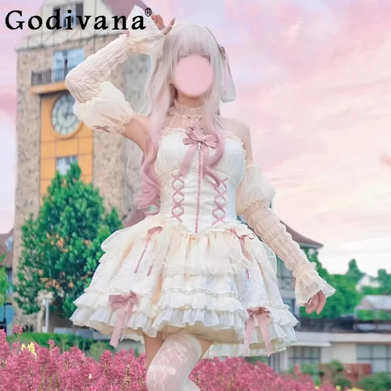 

Spring Summer Lolita High Waist A-line JSK Suspender Princess Dress Fashion Girl Age Reduction Fairy Cake Sleeveless Dresses