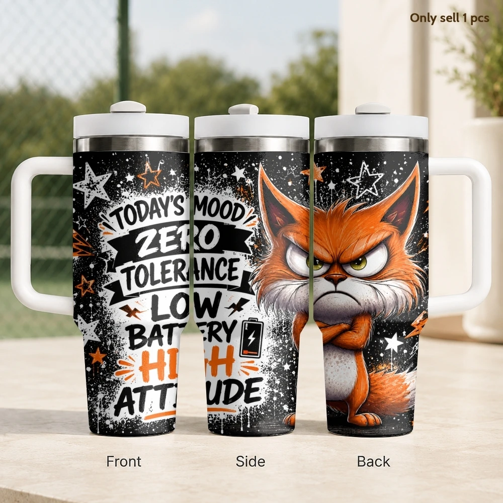 Angry Cat Attitude Vacuum Flasks 40oz Stainless Steel Insulated Tumbler with Handle & Straw Leakproof Travel Mug