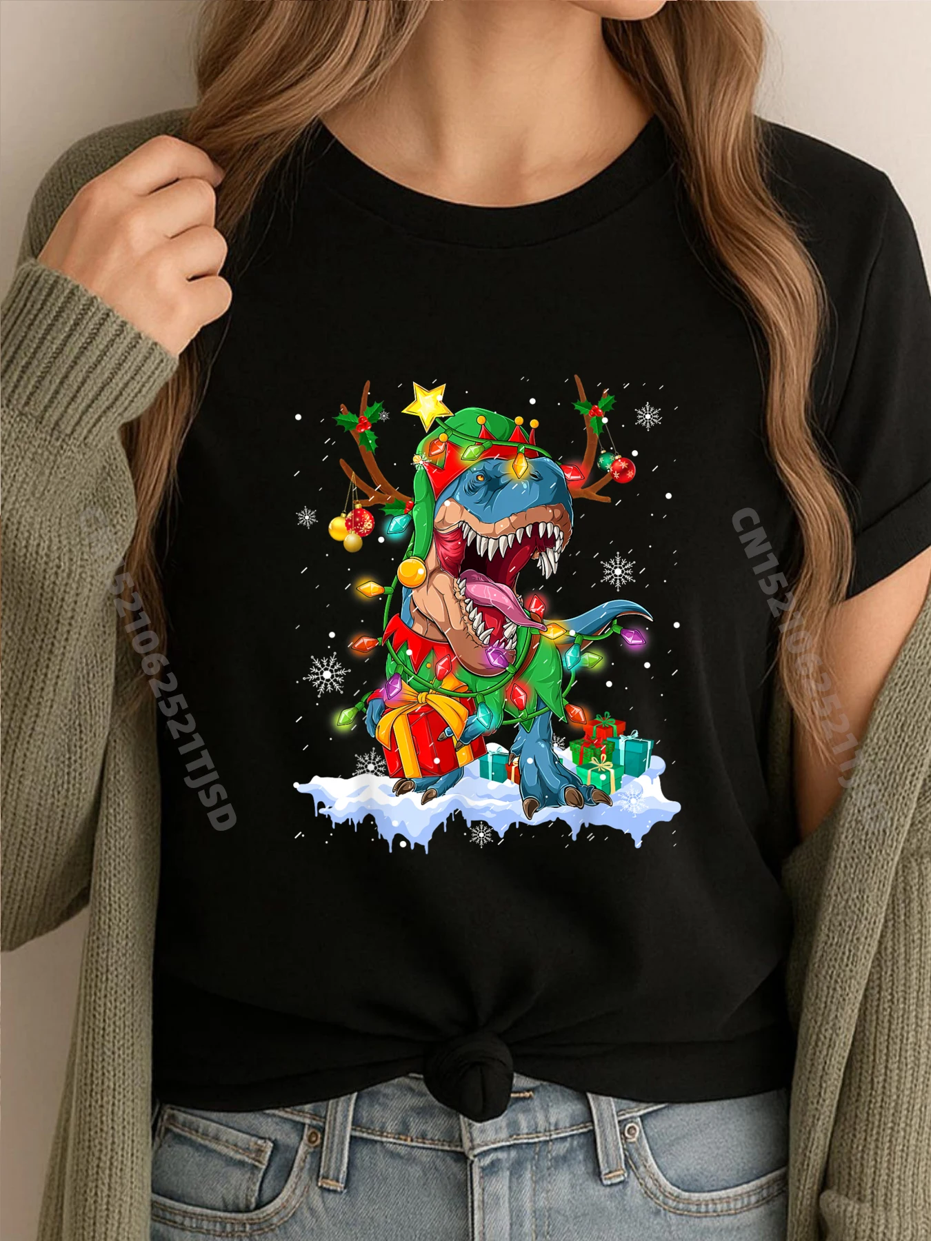 

С Рождеством динозавр шляпа Санта-Клауса олень Рождественская футболка с рисунком мужская хлопковая футболка ретро стираные топы и футболки