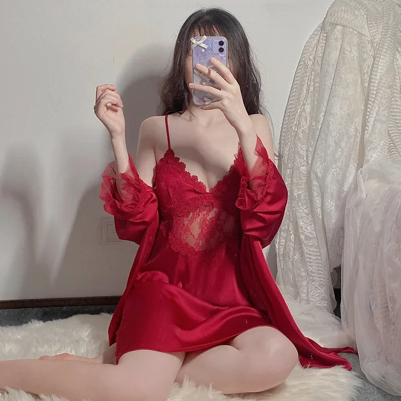 Set of 2 Pajamas Spring and Autumn Silk Beauty Back Nightgown Lace Hollowed-out Lace Breast Cushion Slip Nightdress Home Wear