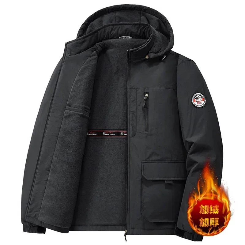 Autumn Winter Men's Fleece Thickened Hooded Multi-Pocket Zipper Men Jacket Fashion Outdoor Sport Hiking Coat Parkas Big size 8XL