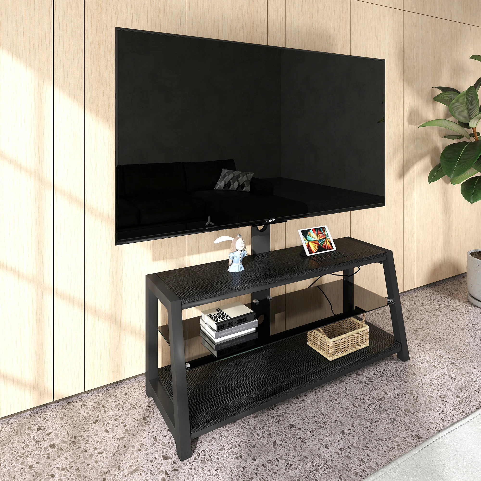 

Modern Black Tv Stands Three Layer Mdf and Tempered Glass Tv Mount for 32-65 Inch Tv for Living Room Furniture