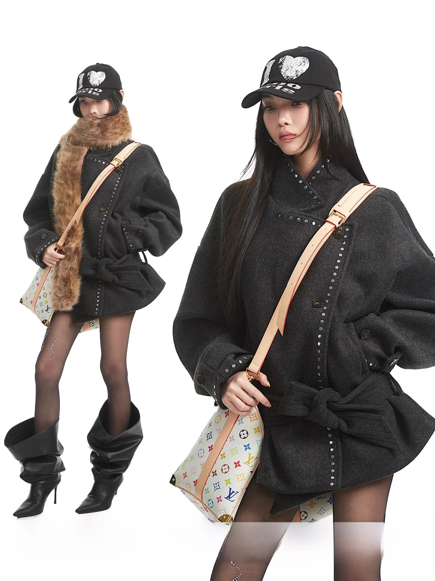 

Женское шерстяное пальто UNCMHISEX с заклепками, асимметричным подолом, отложным воротником, осенне-зимнее, приталенное