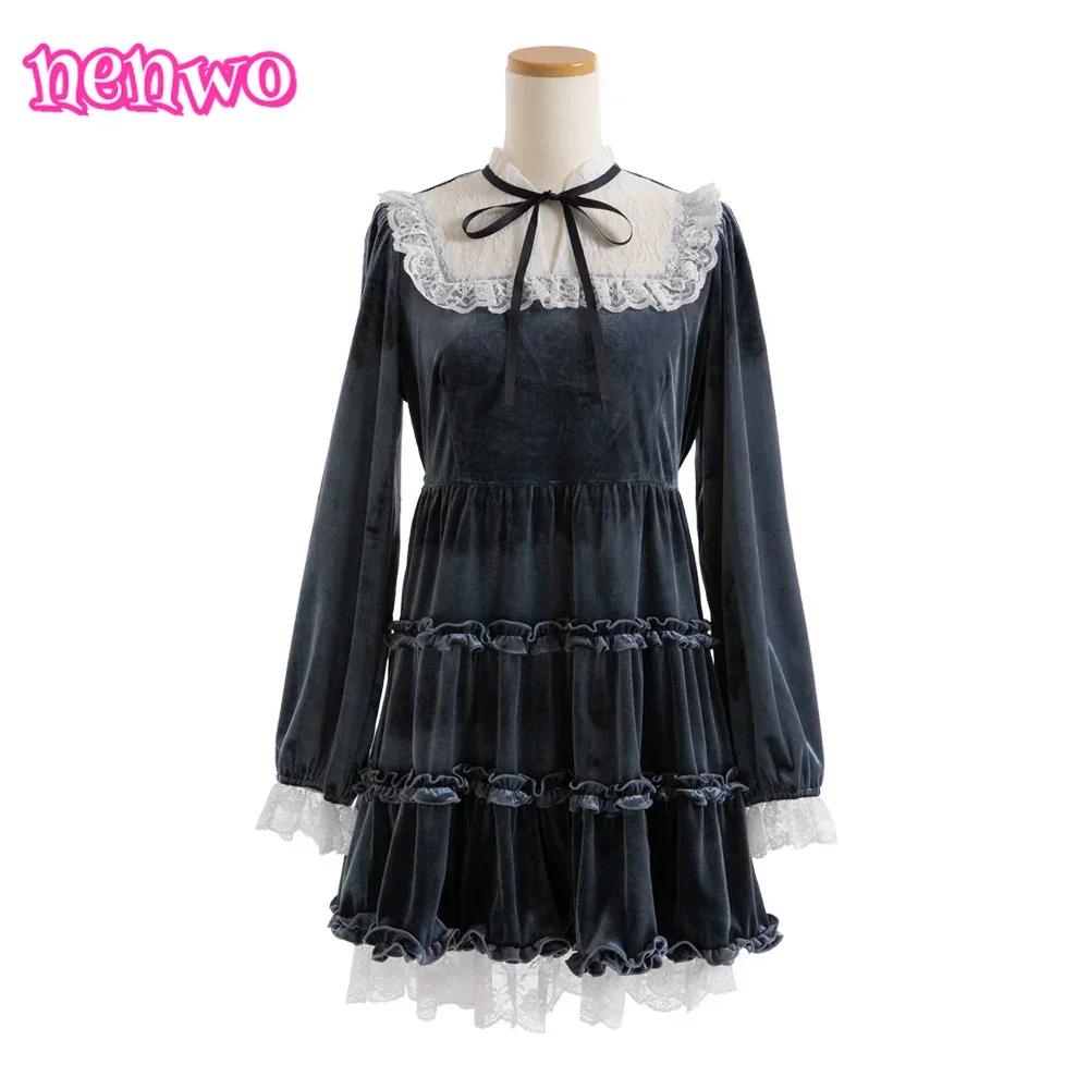Outono inverno novo versátil elegante lolita estilo princesa veludo rendas retalhos em camadas vestido babados doce bonito vestido plissado