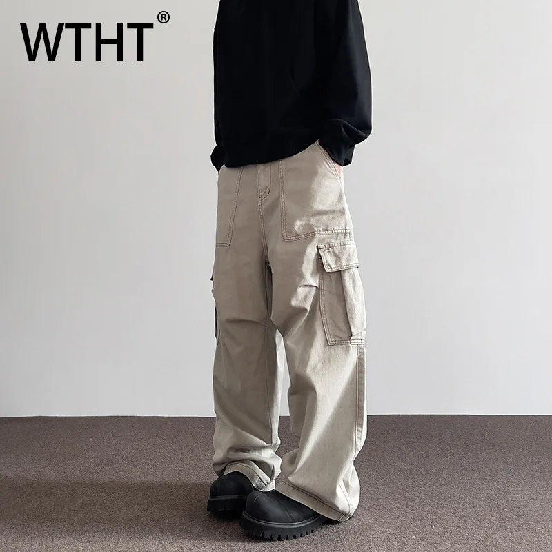 

WTHT Fashion Men‘s Solid Color Big Pockets Cargo Casual Pants Vintage 2025 Summer High-waisted Wide Leg Trousers Male 2A1323