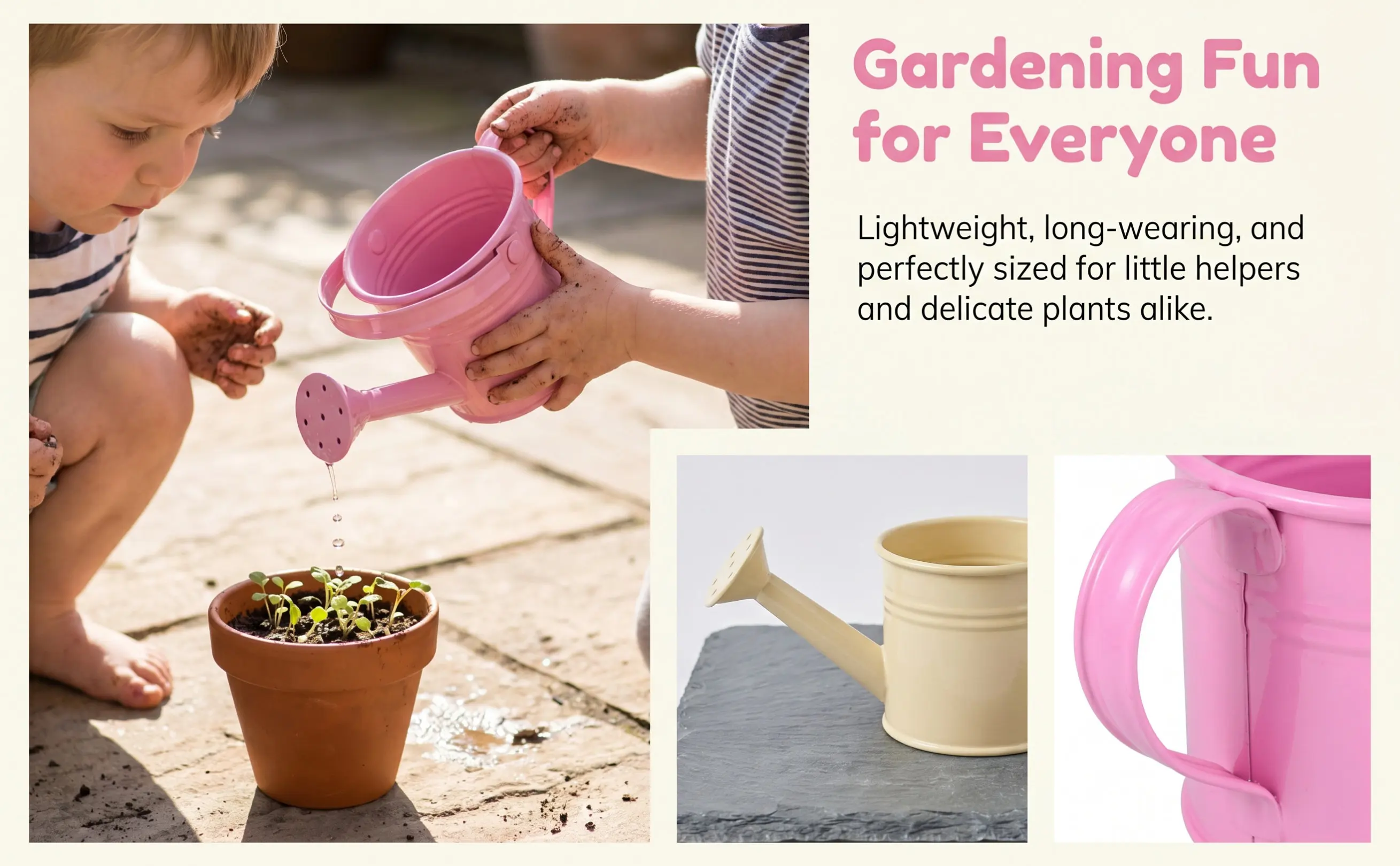 Gardening Tools Pink - 2個入り、屋内・屋外の植物、庭、バルコニーでの水やりに使える、耐久性に優れた鉄製のジョウロ。花用具、ベージュ、ピンク。