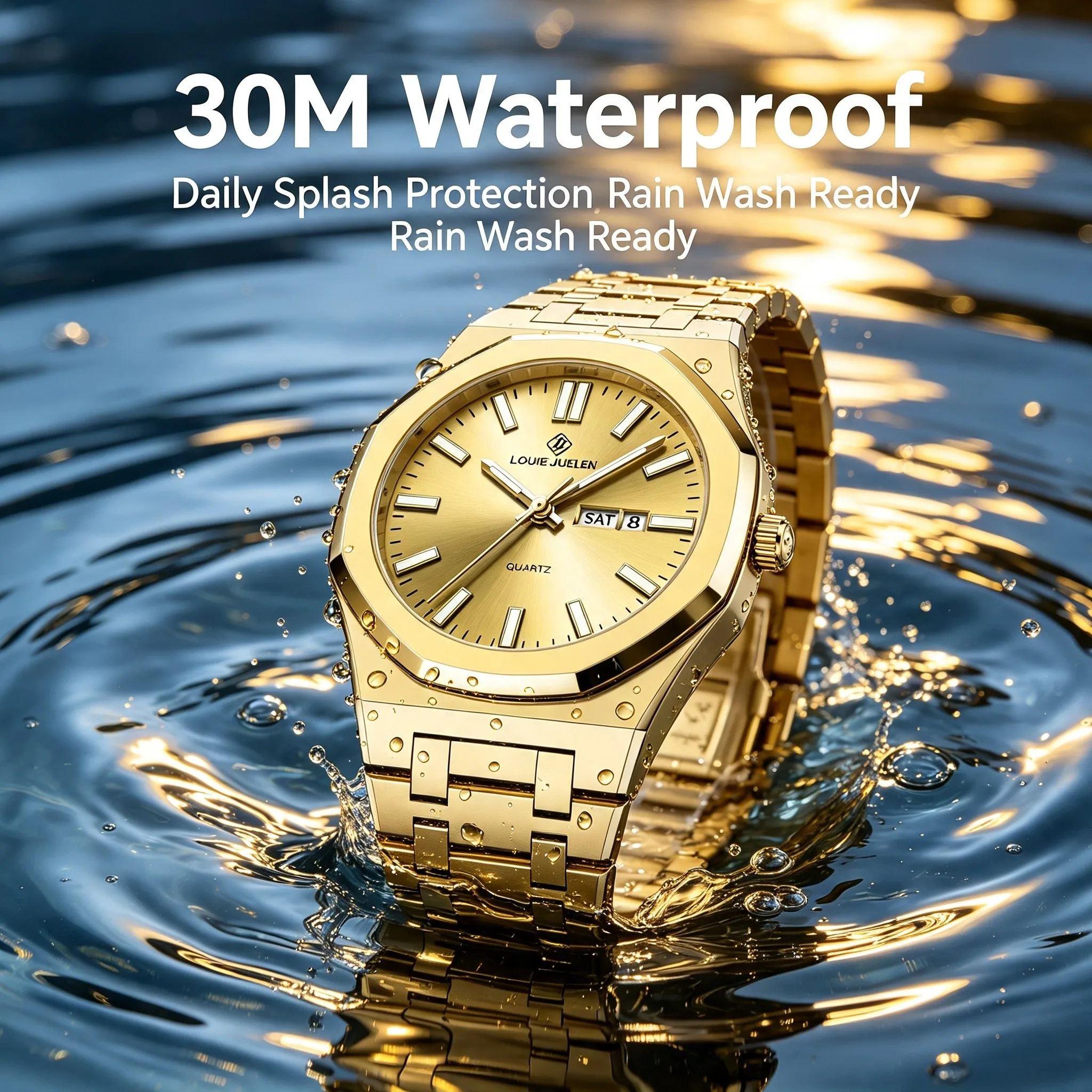 Business Men Octagon Wristwatch 30M Waterproof Luminous Stainless Steel Dual Calendar Quartz Watch with Butterfly Buckle