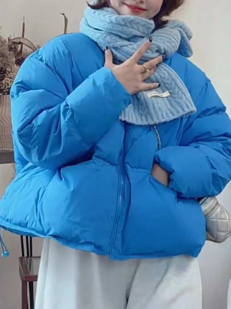 

Утепленное пальто свободного кроя для женщин, зимнее, модное, синее, из хлопка, в корейском стиле, с длинными рукавами, круглым вырезом, короткое