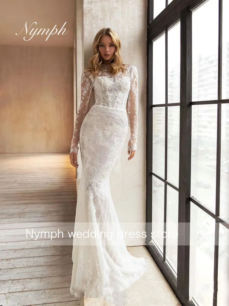 Customized luxurious Wedding Dresses With Detachable Train O-Neck Long Sleeves Bridal Gowns Lace Appliques Vestidos De Novia