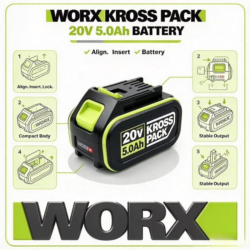 Rchaergeable WORX 20V 5Ah High Capacity Battery Pack WA3054 WA3575 Fit for Drill Drivers Grass Trimmers Outdoor Working Tools