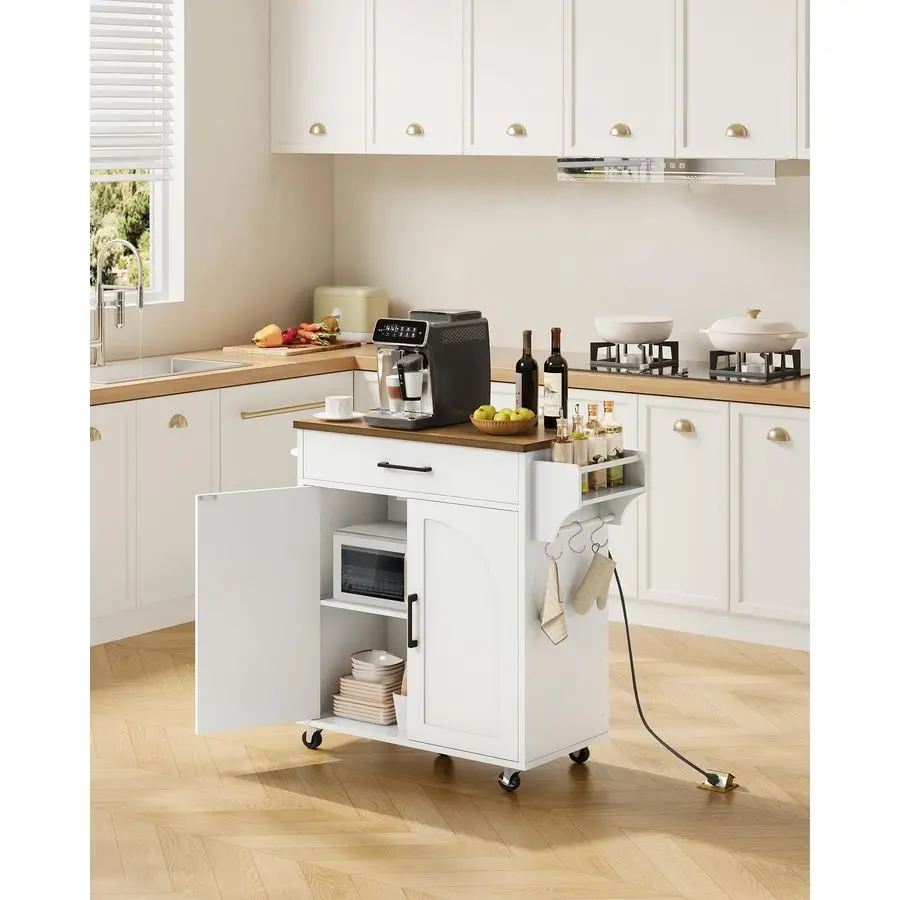 عربة جزيرة مع مساحة تخزين، جزيرة مطبخ مع مخرج طاقة، طاولة مطبخ دوارة مع رف توابل، طاولة خادم بوفيه متنقلة، f