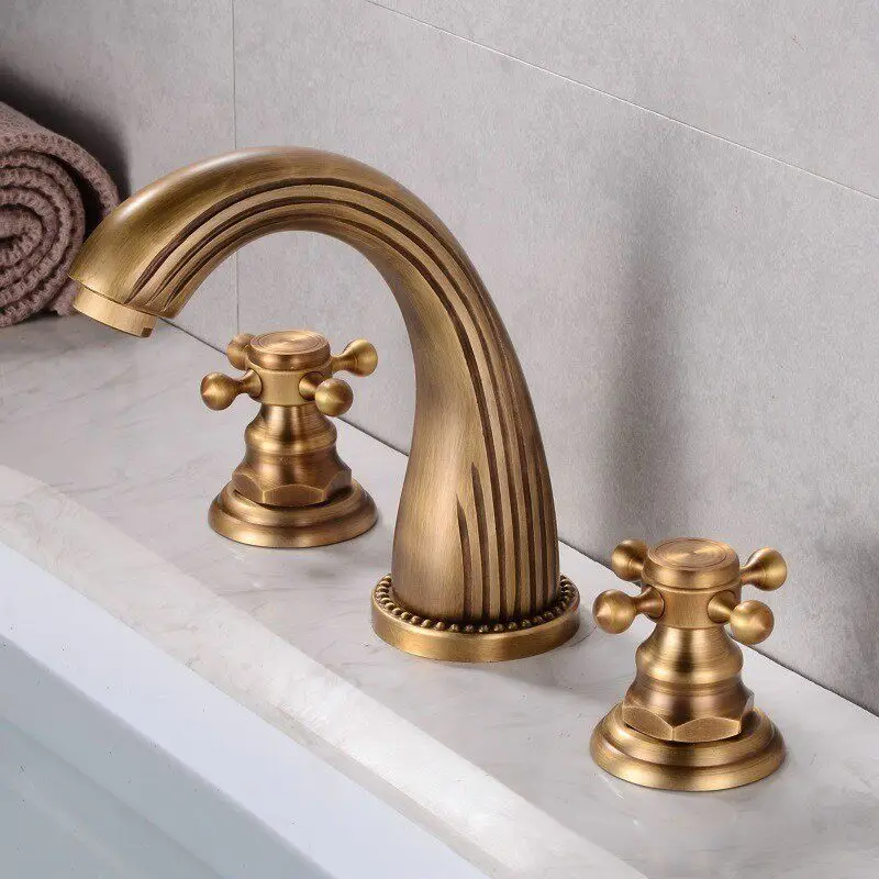 Grifos de lavabo de latón antiguo, grifo clásico para lavabo de baño, grifería mezcladora de encimera para lavabo con doble manija cruzada y 3 orificios